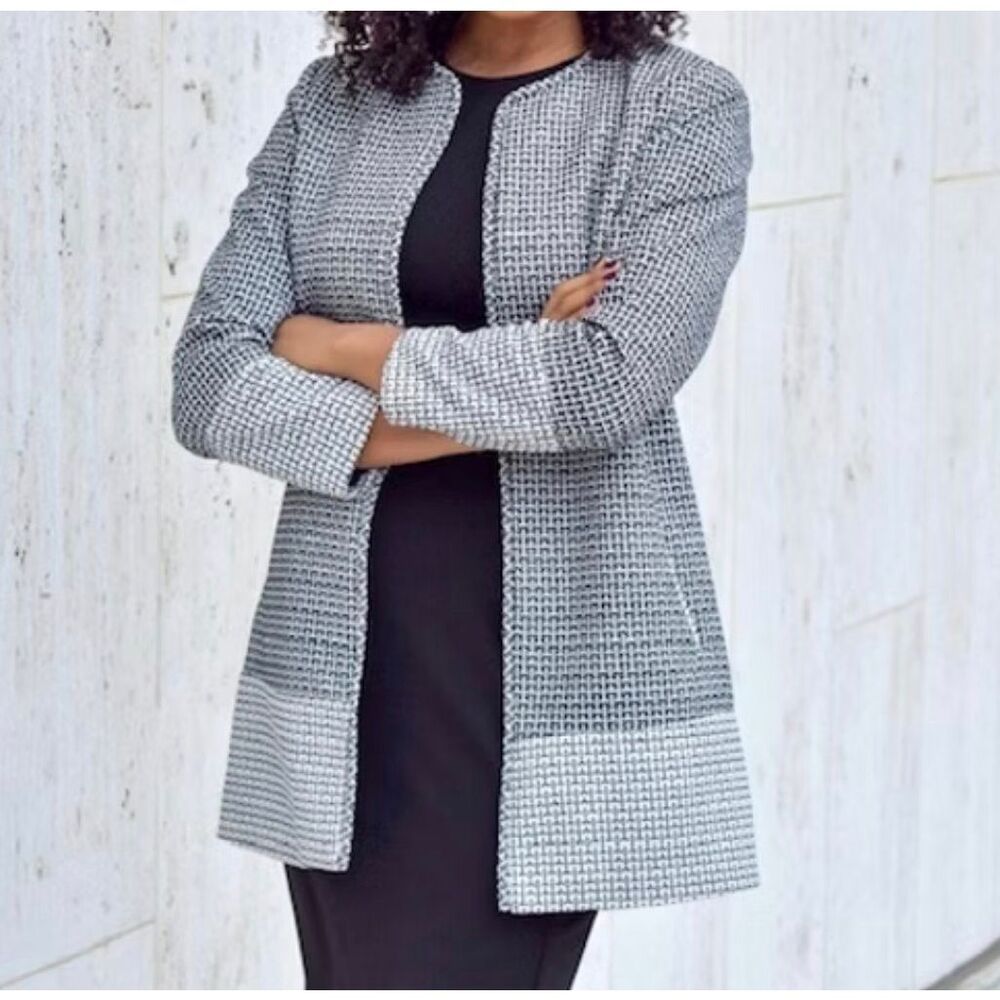H&M Black and White Tweed Pattern Open Front Midi Blazer Women’s Size 6